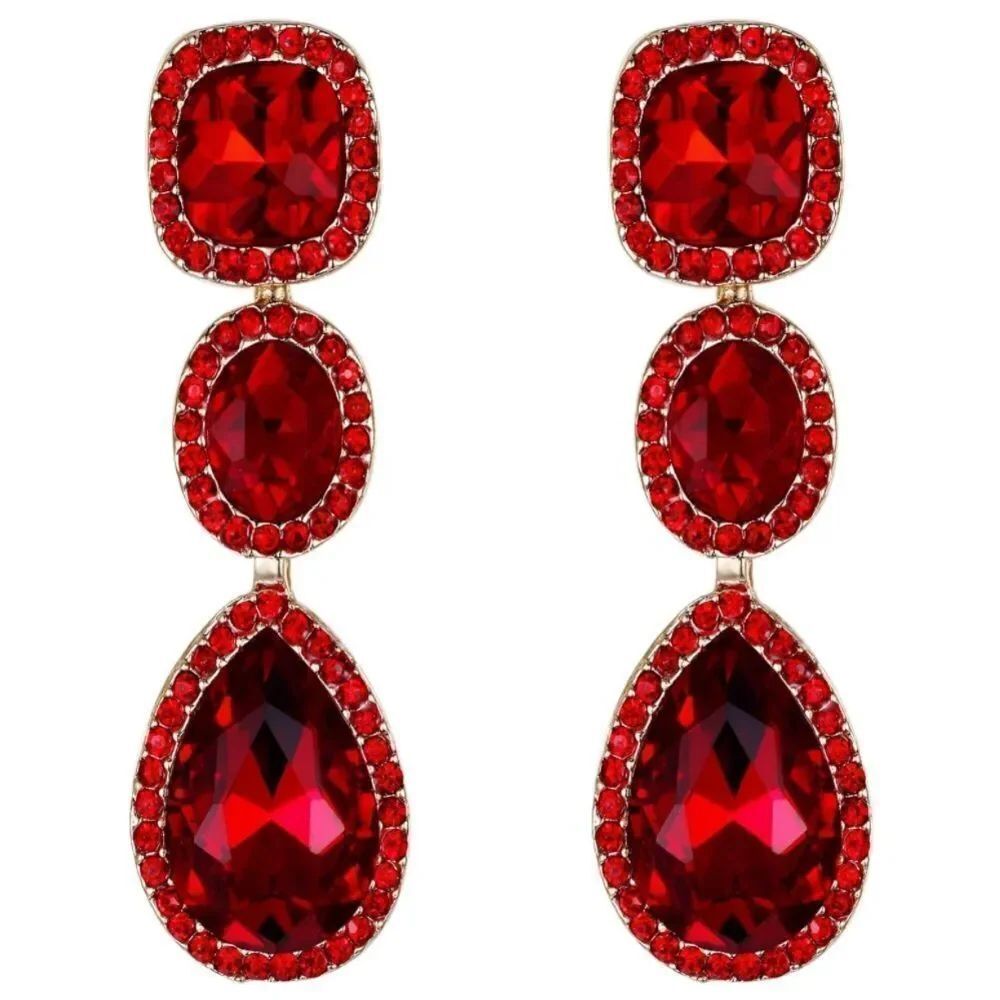 Yellow Gold with Ruby Red Austrian Crystal Dangling Chandelier Post Earrings